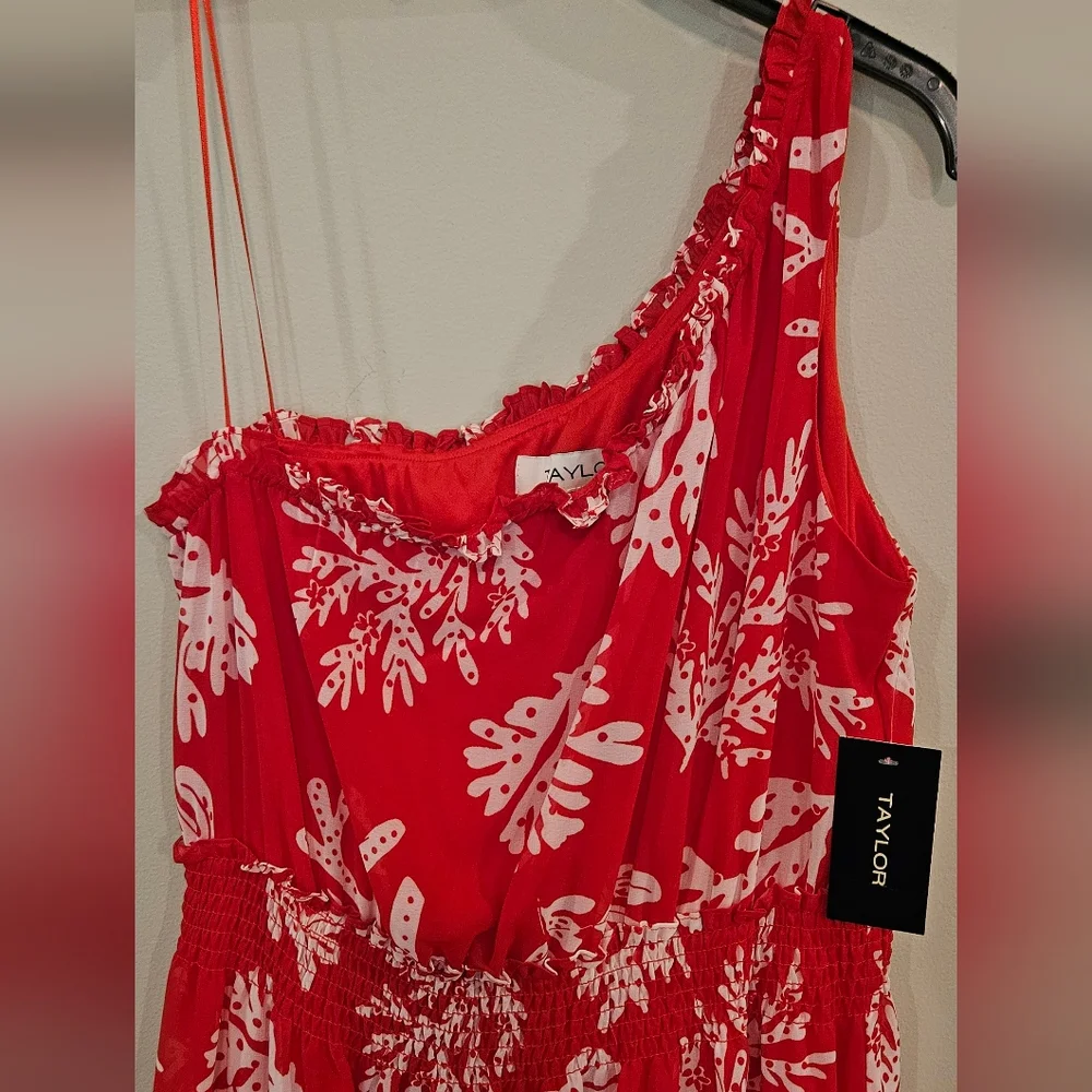 Taylor One-shoulder Tiered Dress Size- 12 Color-Red & White Coral/Starfish Print